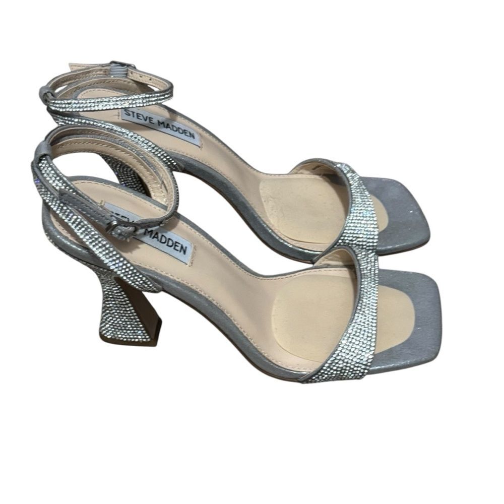 Steve Madden Silver Rhinestoned Ankle Strap Mid Height Heels